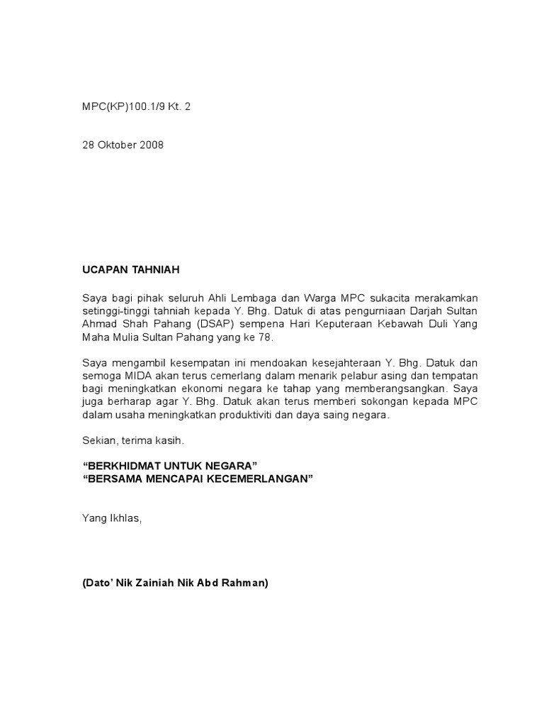 Contoh Surat Tahniah