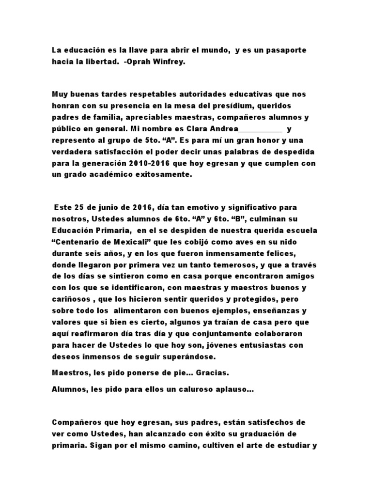 Palabras de Despedida de Alumna de Quinto Grado a Sextos 2016