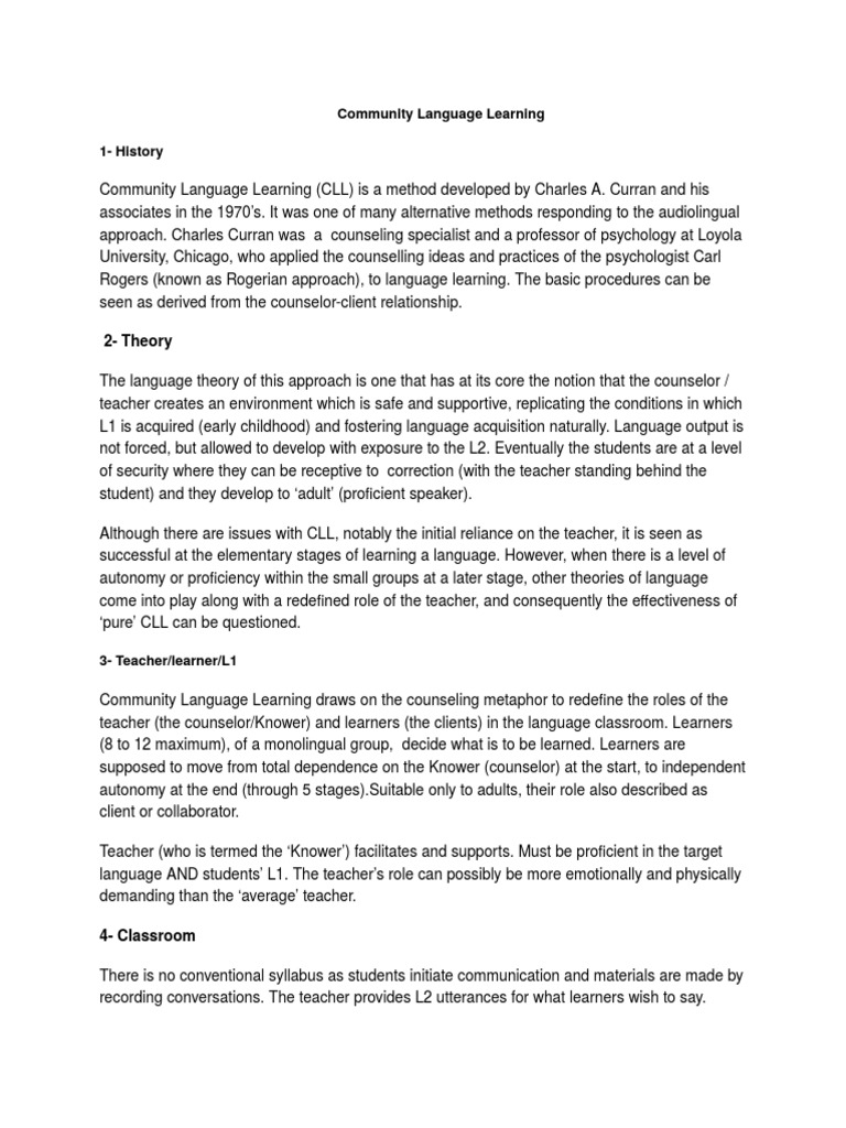 Community Language Learning Overview | PDF | Teachers | Psycholinguistics