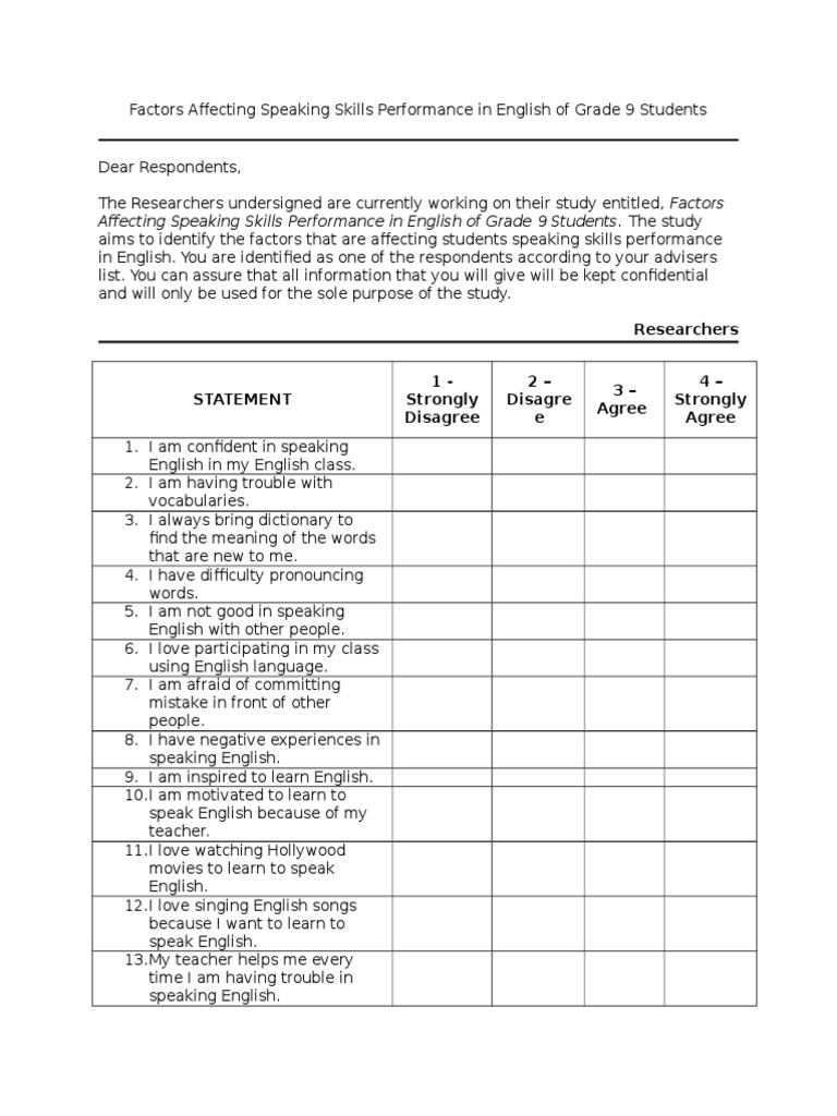 Factors Influencing Grade 9 English Speaking | PDF | English Language ...