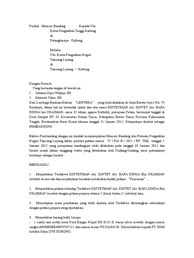 Contoh Surat Memori Banding Perceraian Nusagates