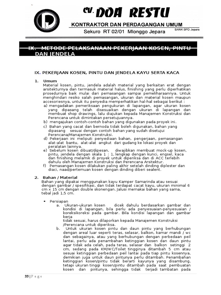 9 Metode  Pelaksanaan  Pekerjaan  Kusen  Pintu  Jendela 
