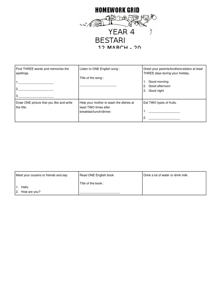 Year 4 Homework Activity Grid | PDF