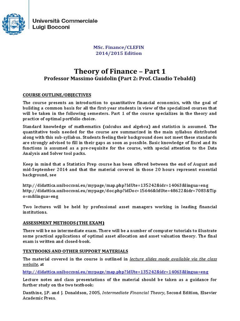 MSc Finance Course: Optimal Portfolio Theory | PDF | Asset Allocation ...