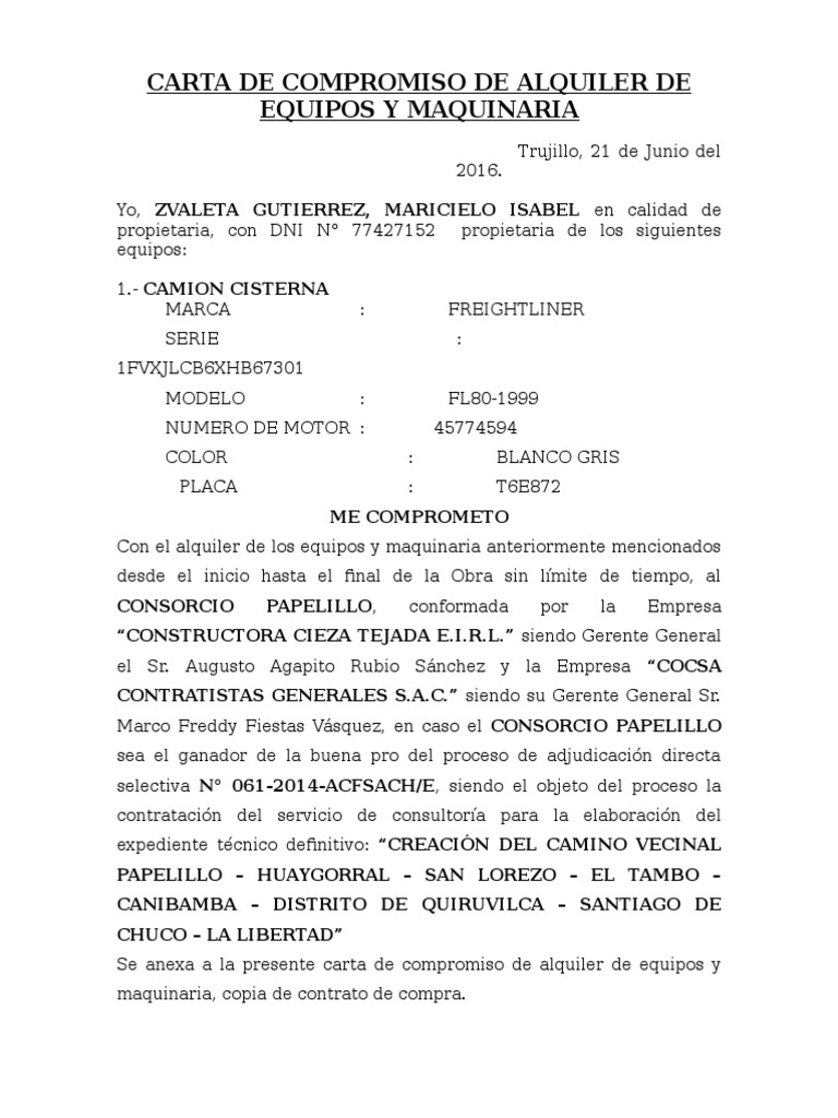 CARTA DE COMPROMISO DE ALQUILER DE EQUIPOS Y MAQUINARIA 