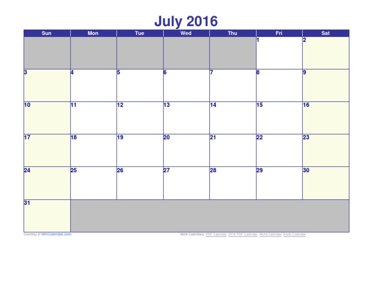 July 2016 Calendar Template | PDF