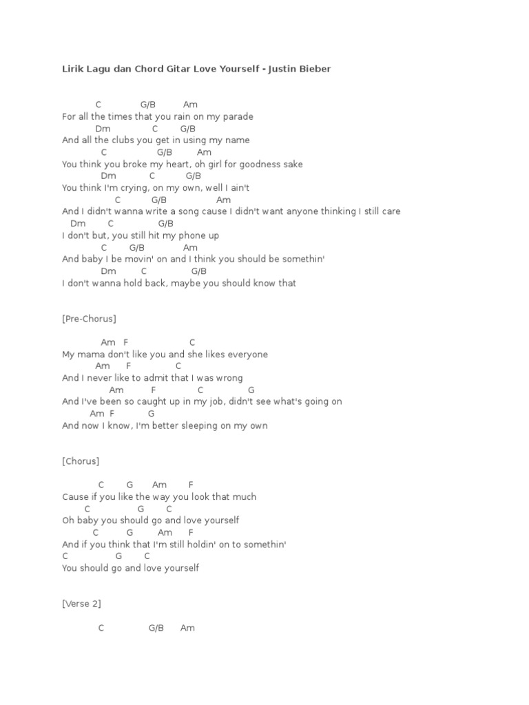 Lirik Lagu Dan Chord Gitar Love Yourself Love Yourself Lirik Lagu Dan Chord Gitar Love Yourself Love Yourself