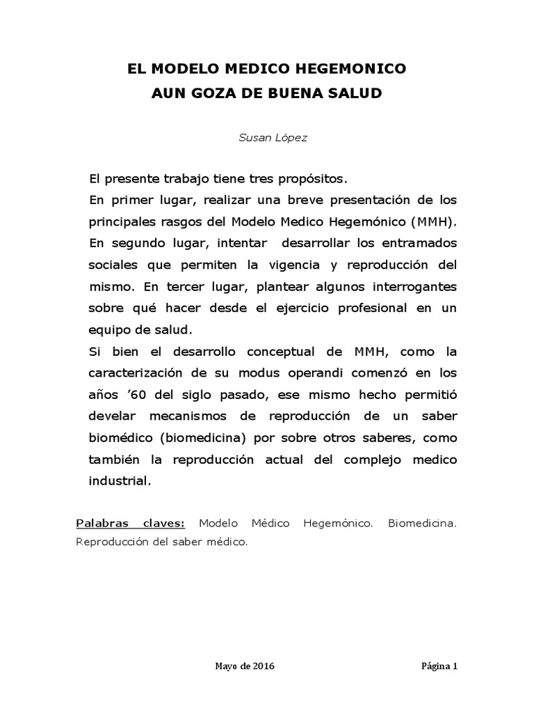 Lopez, S 2016 El Modelo Medico Hegemonico Aun Goza de Buena Salud | PDF |  Medicina | Sociedad