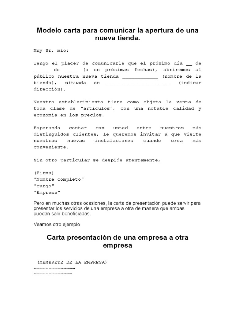 Modelo Carta para Comunicar La Apertura de Una Nueva Tienda  Economias