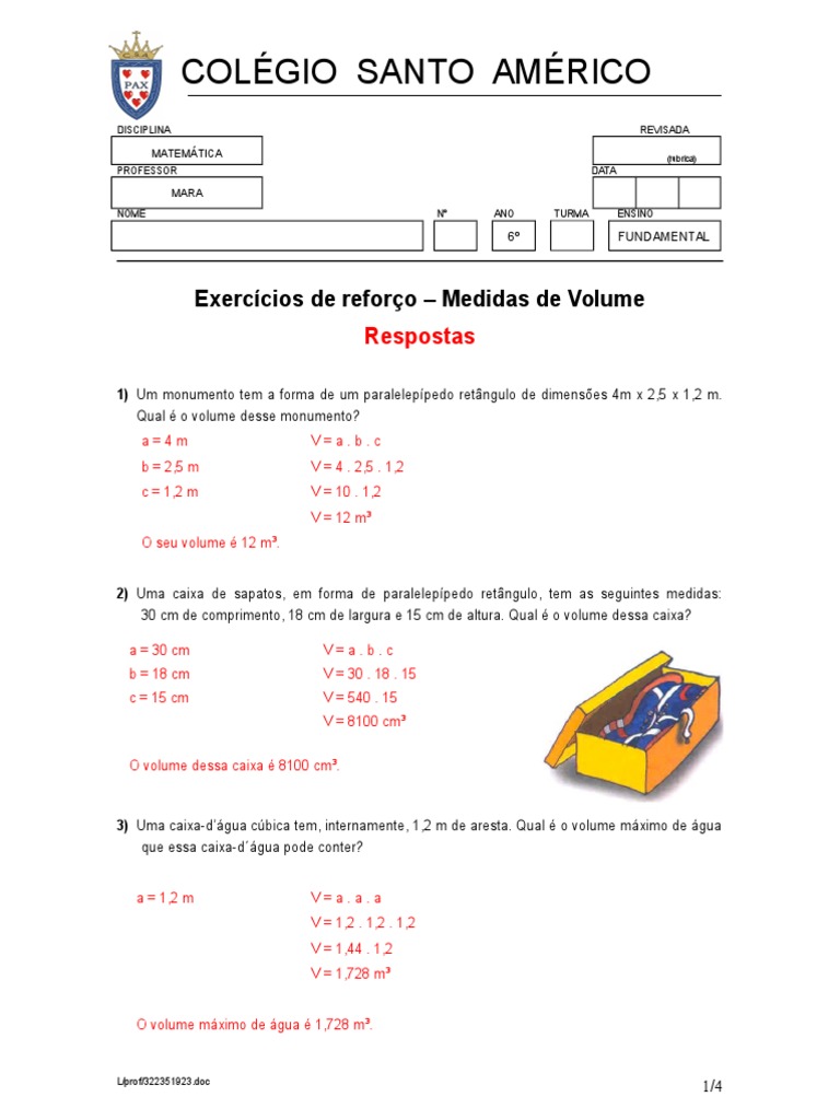 Exercícios de Reforço - Medidas de Volume Respostas | PDF