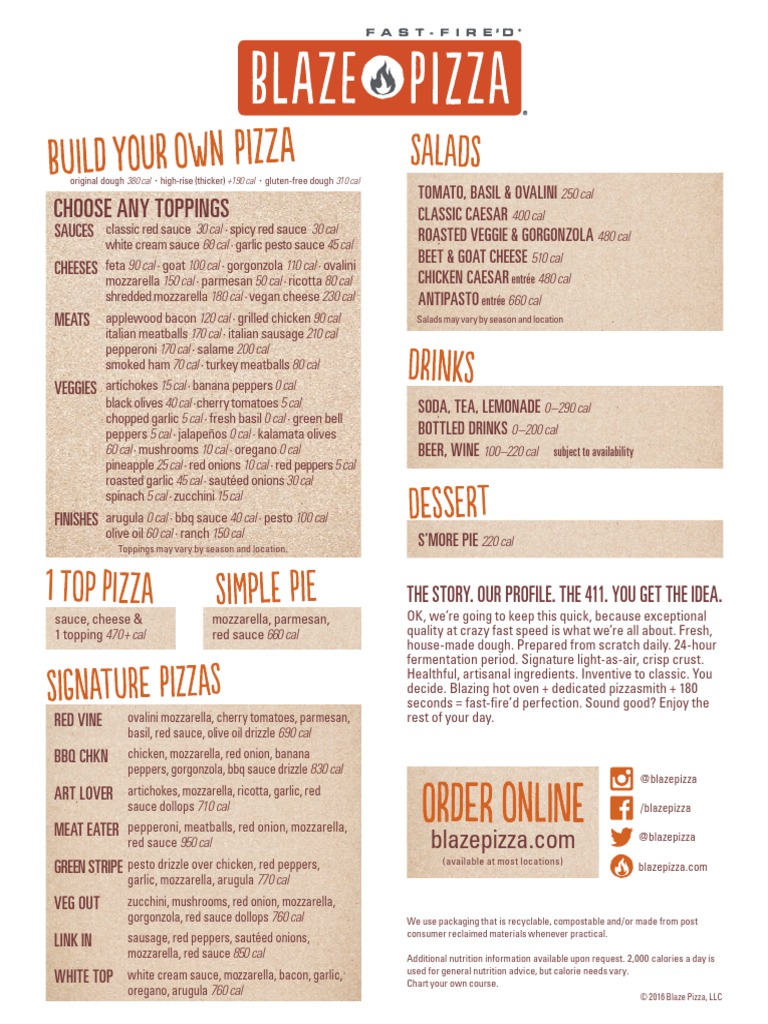 Blaze Pizza Menu PDF Pizza Pesto