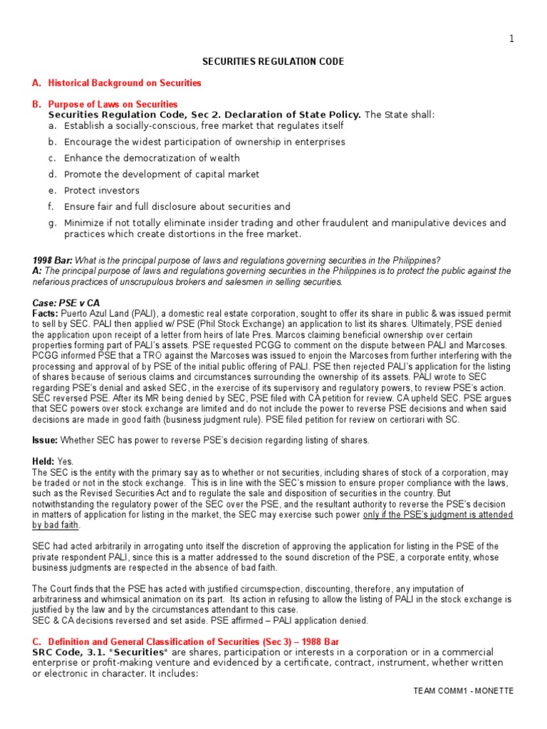 Overview of Securities Regulation Code | PDF | Securities (Finance) | U ...