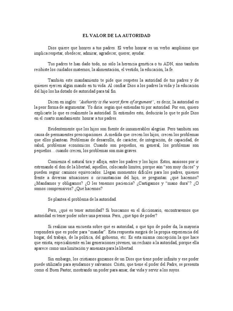 El Valor de La Autoridad Libertad Obediencia