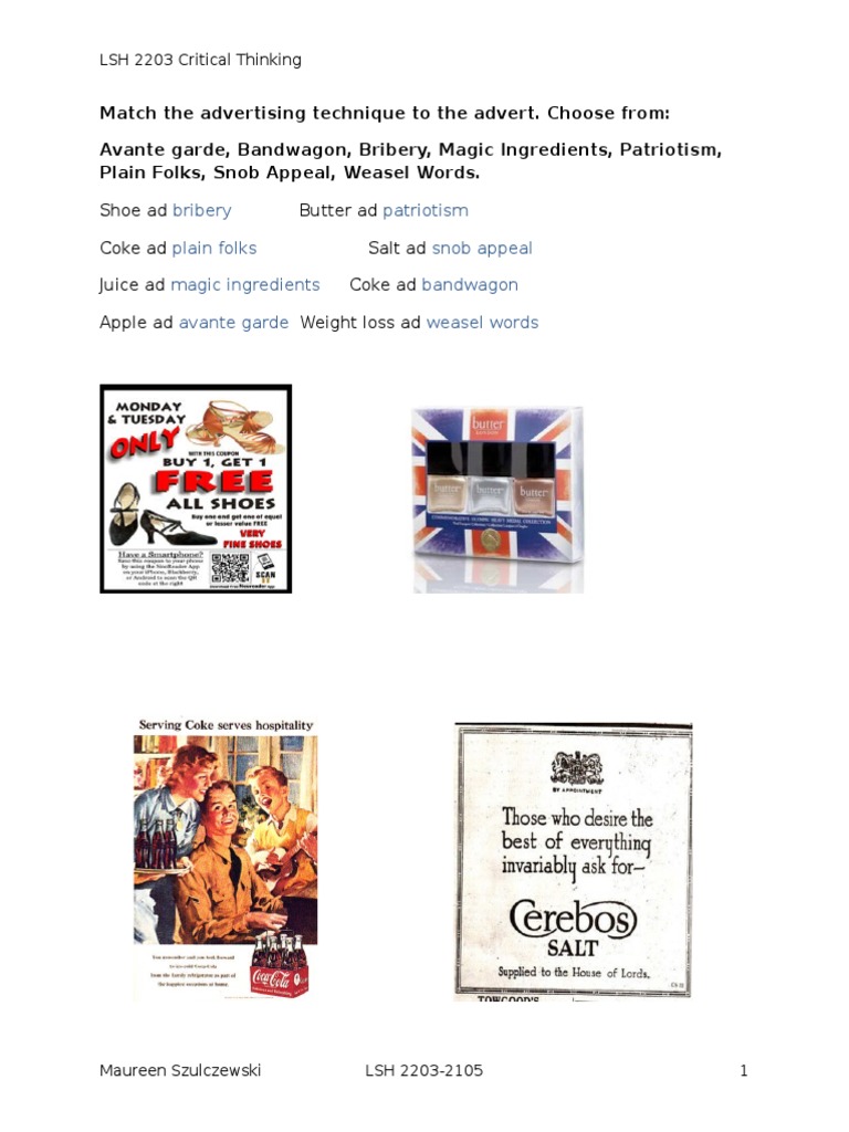 Persuasive Techniques in Advertising Matching Activity | PDF | Cooking ...