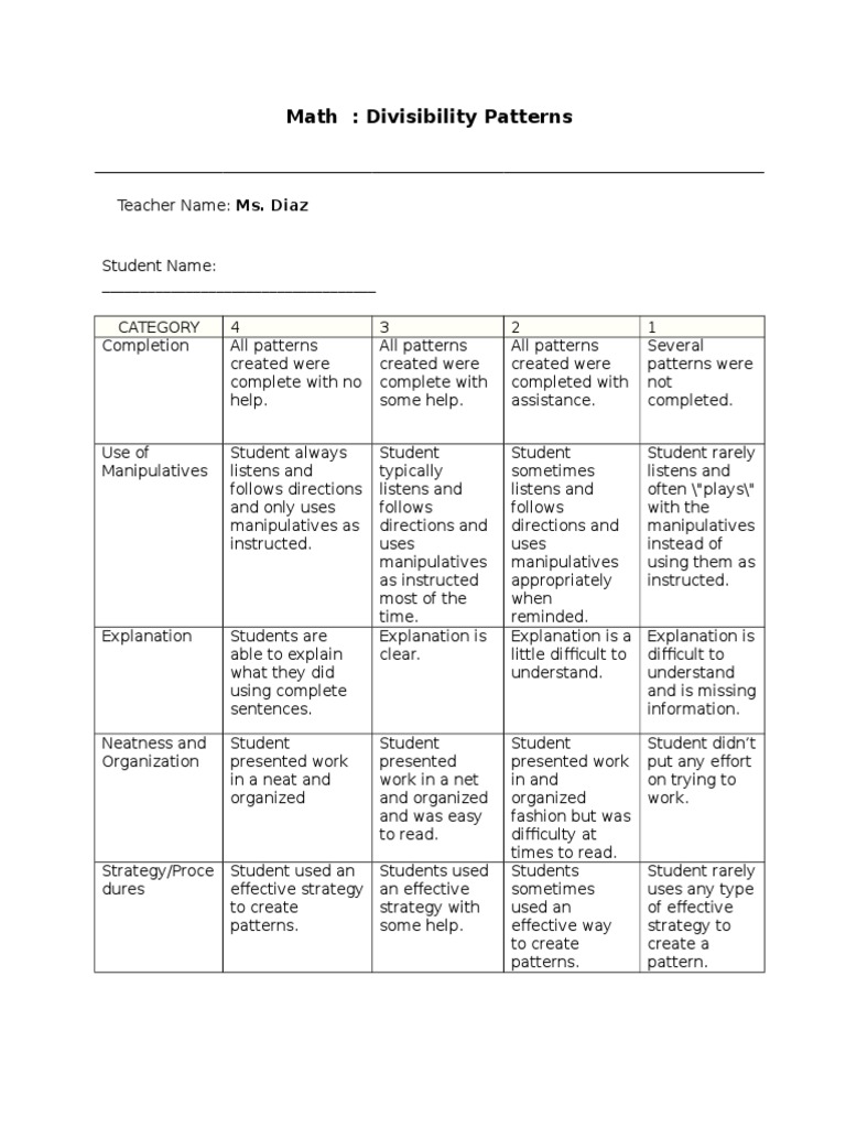 Math Patterns Rubric for Students | PDF | Language Arts & Discipline