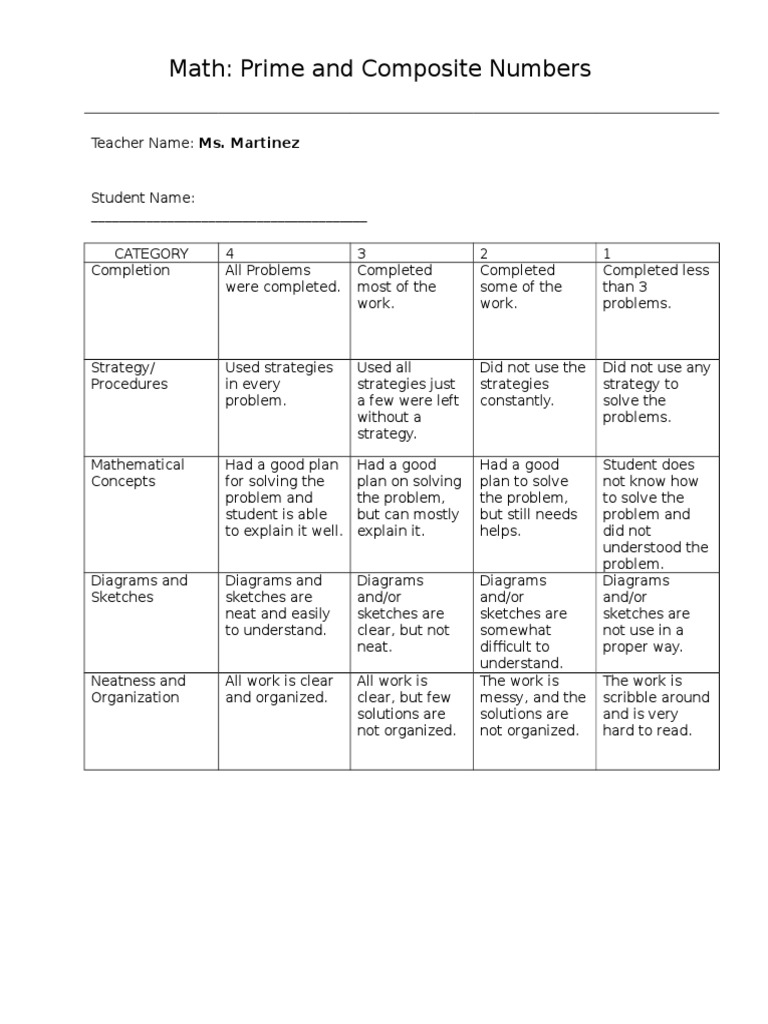 Prime vs Composite Numbers Rubric | PDF | Teaching Mathematics | Cognition