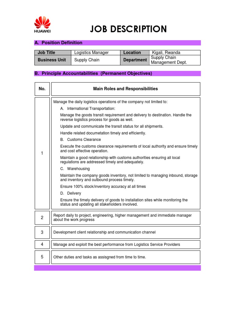 Logistics Manager Job Description | PDF | Logistics | Supply Chain