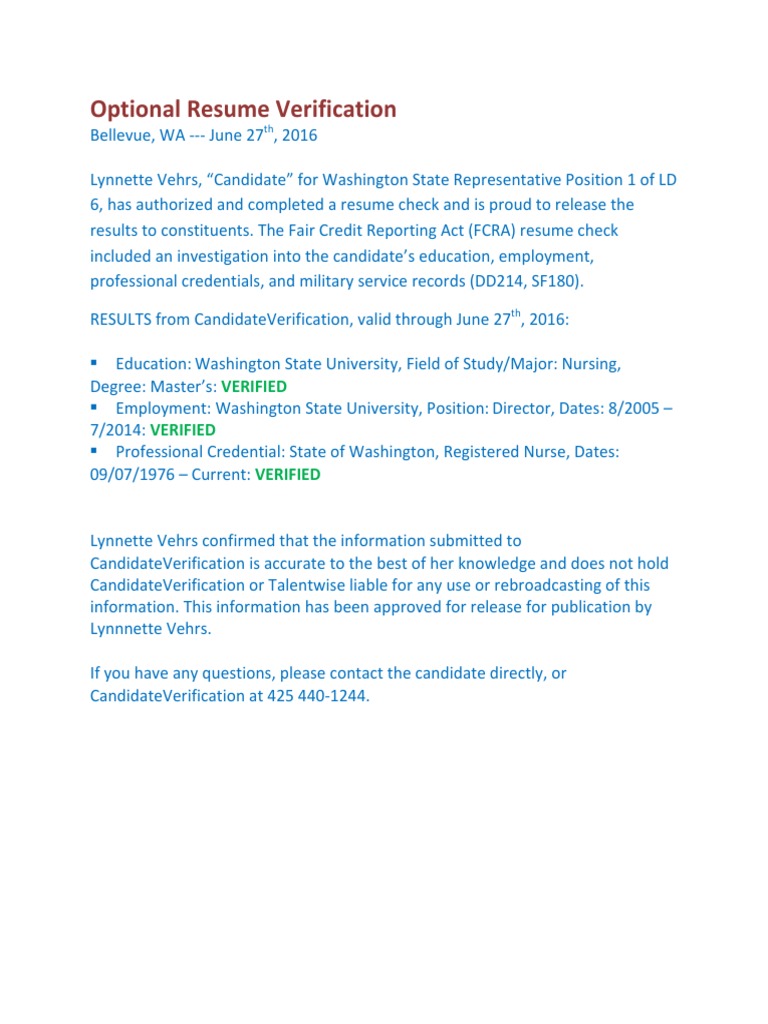 Vehrs, Lynnette Resume Verification1 | PDF