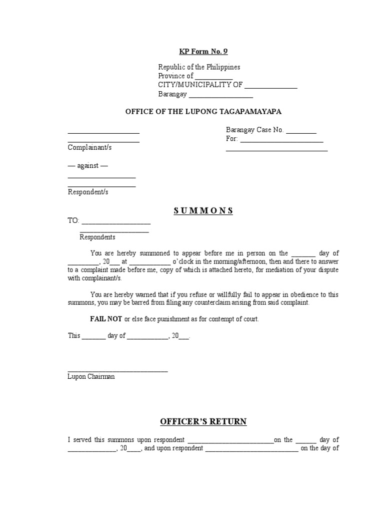 KP Form No. 09 Summons PB PDF