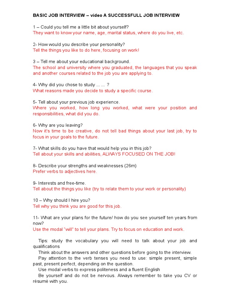 Basic Job Interview - Vídeo A Successfull Job Interview | PDF | Career ...