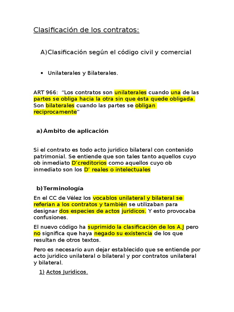 Clasificacion de Los Contratos Codigo Civil