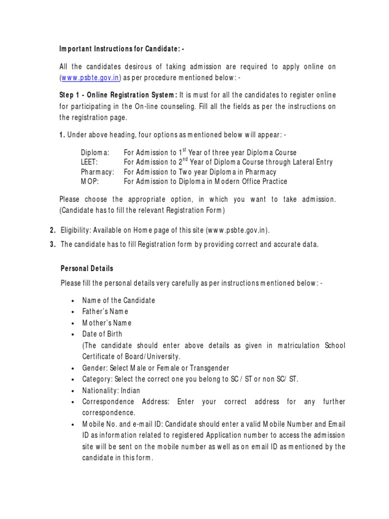 Instructions for Online Registration and Admission Process for Diploma