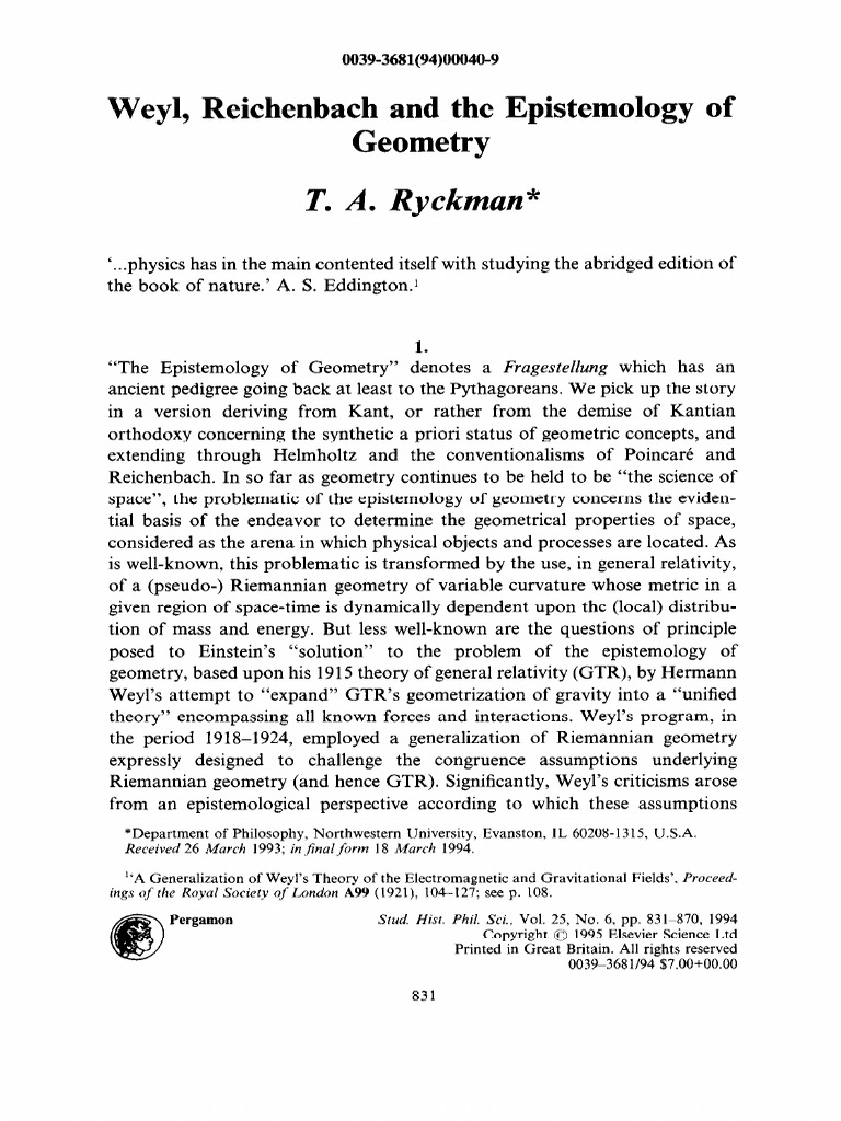 Weyl, Reichenbach and The Epistemology of Geometry | PDF | Field ...