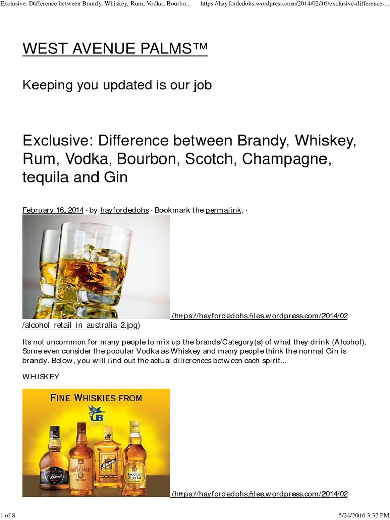 Difference Between Brandy, Whiskey, Rum, Vodka, Bourbon, Scotch, Champagne,  Tequila and Gin - WEST AVENUE PALMS™, PDF, Whisky