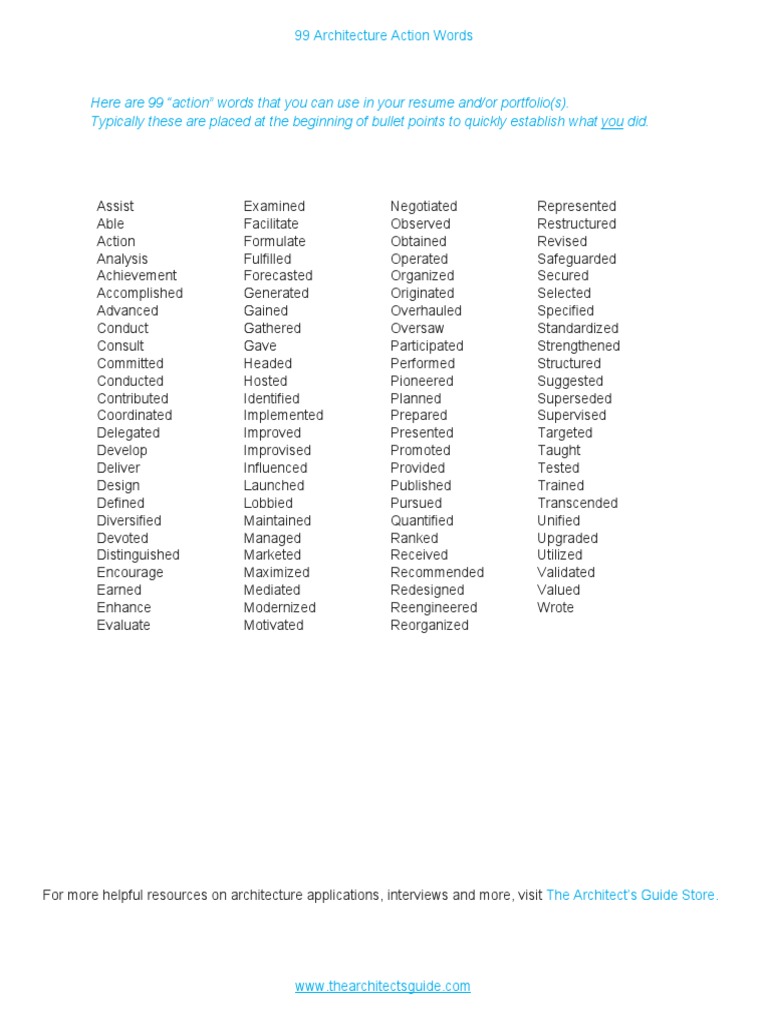 99 Action Words for Architecture Resumes | PDF | Career & Growth
