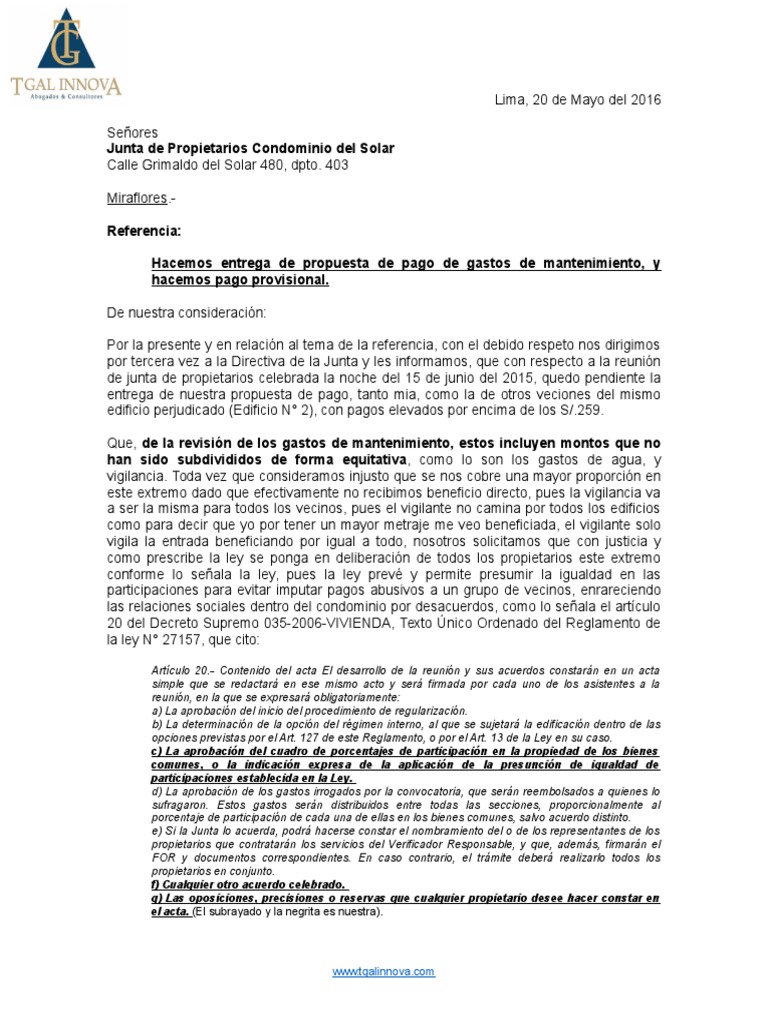 Carta Junta de Propietarios | PDF | Condominio | Instituciones sociales
