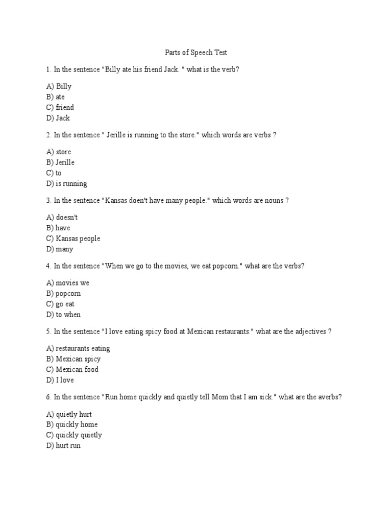Comprehensive Parts Of Speech Test PDF Part Of Speech Adverb