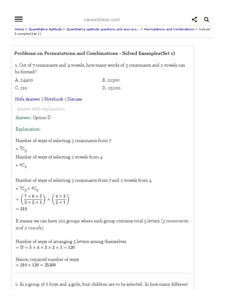 Permutations and Combinations Solved Examples (Set 1) PDF