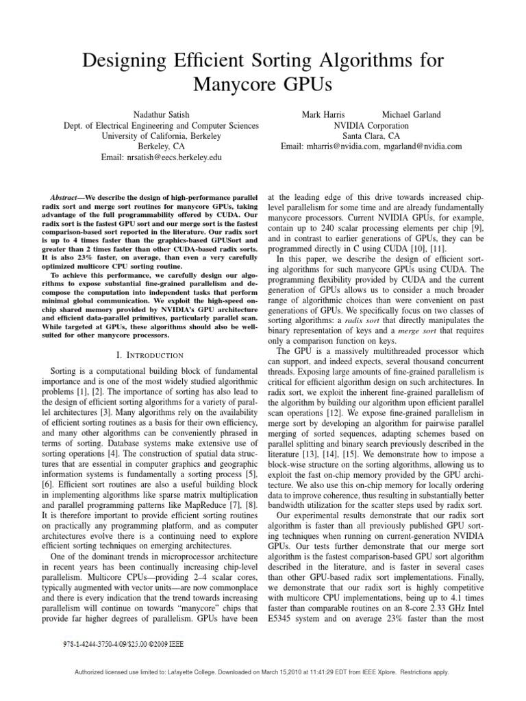Designing Efficient Sorting Algorithms For Manycore Gpus: Ntroduction ...