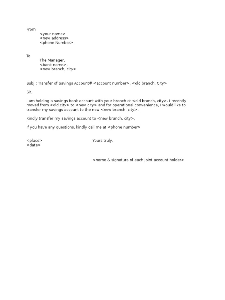 bank branch transfer application letter