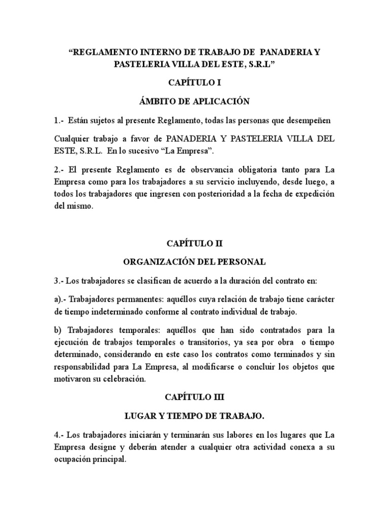 Reglamento Interior de Trabajo de Panaderia Cafeteria y Delicateses Villa  Oeste | PDF | Tiempo de trabajo | Gobierno