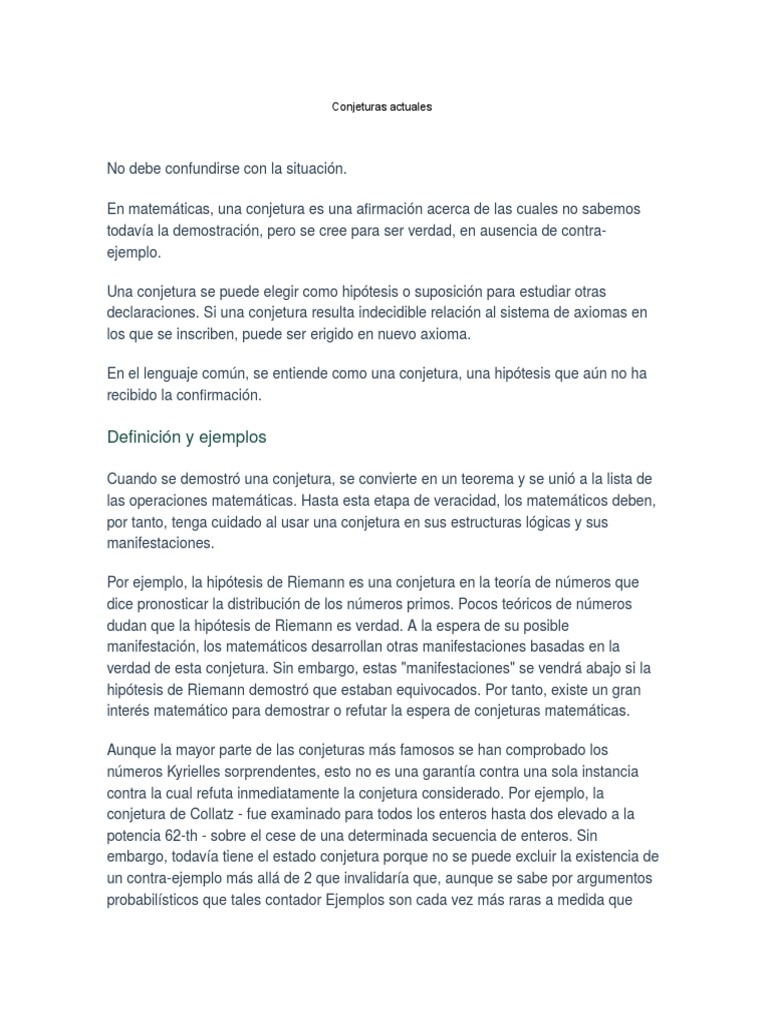 Conjeturas Matemáticas Actuales | PDF | Prueba matemática | Axioma