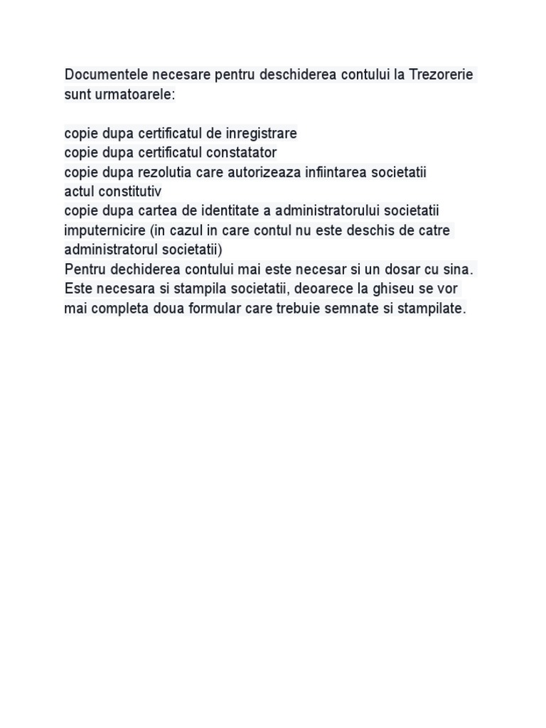 Documentatie Necesare Deschidere Cont Al Trezorerie