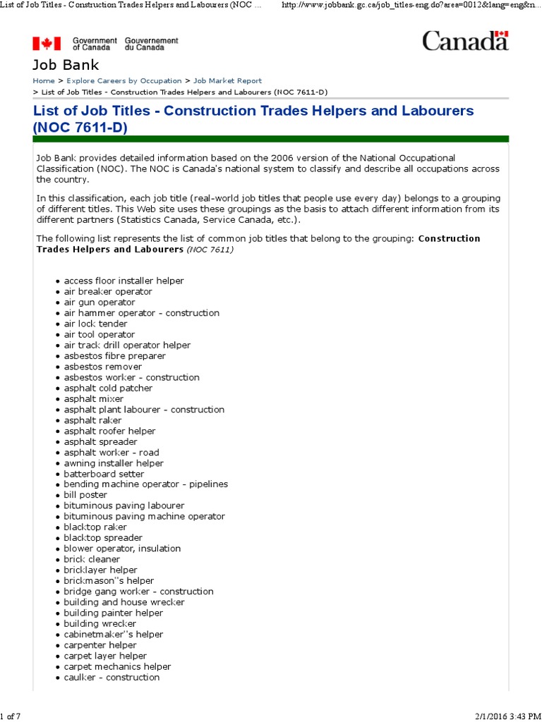 List of Job Titles Construction Trades Helpers and Labourers (NOC
