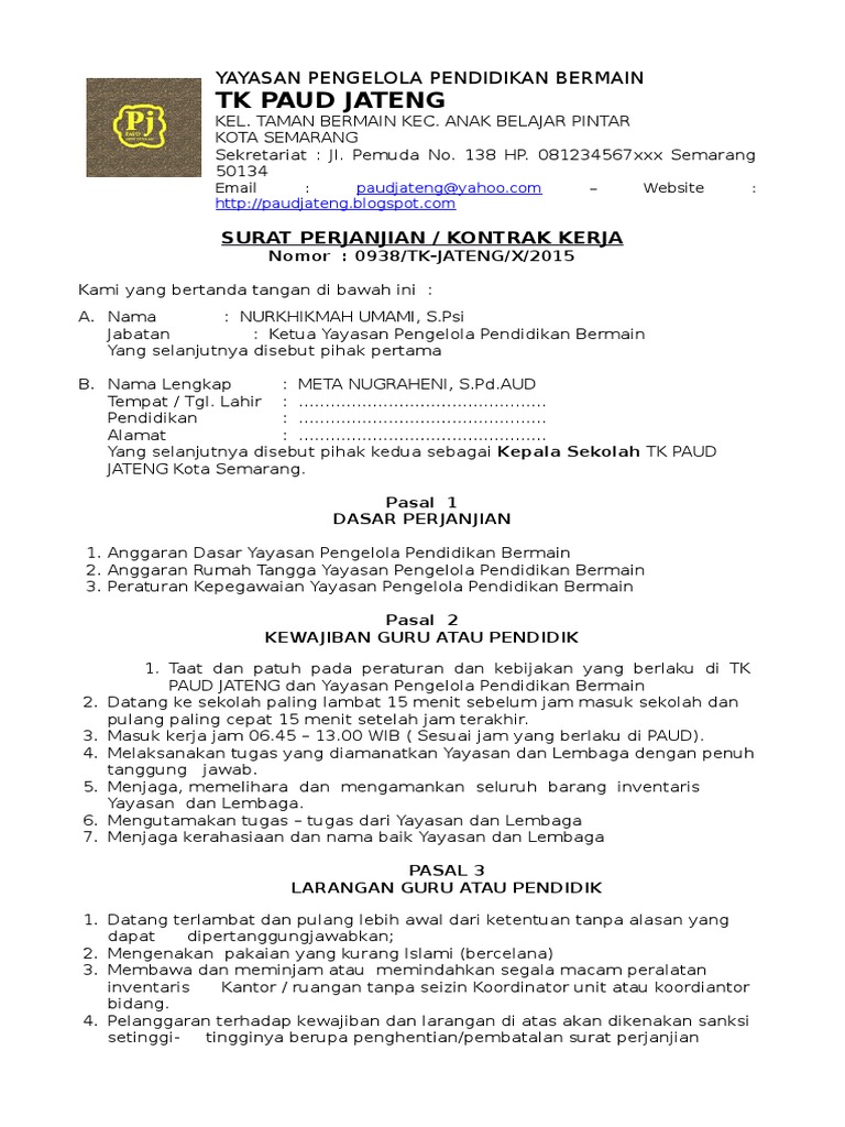 A 1 15 12 Surat Kontrak Kerja Guru Pendidik Paud Tk Kb Pdf