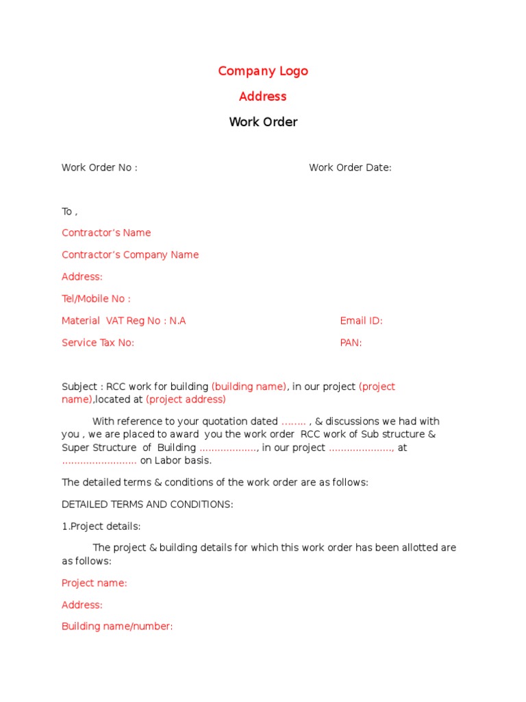 RCC Work Order for Labour Contractor | PDF