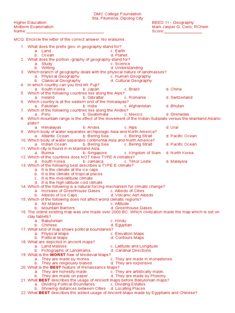 Geography (for Education Majors) Exam Greenwich Mean Time