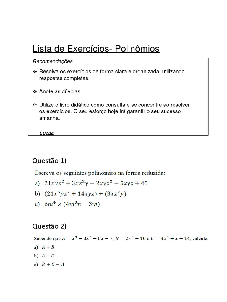 Lista de Exercício Polinômios | PDF