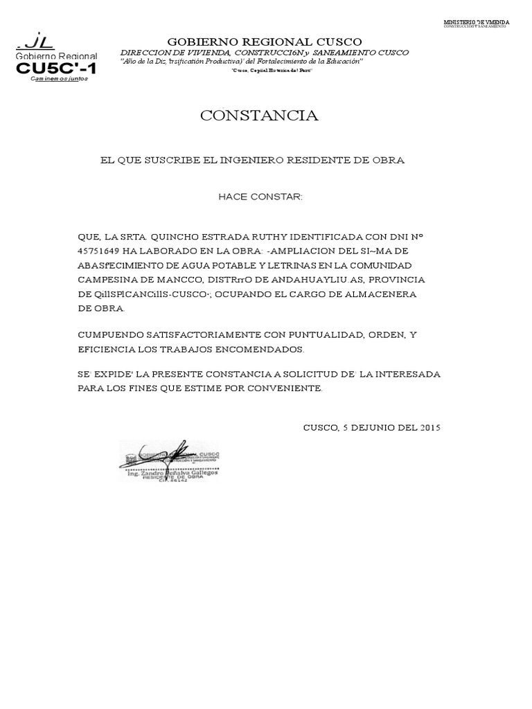 Constancia de Trabajo en Obra de Agua | PDF