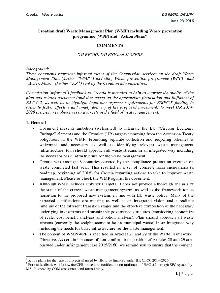 Croatian Draft Waste Management Plan (WMP) | PDF | Recycling | Waste