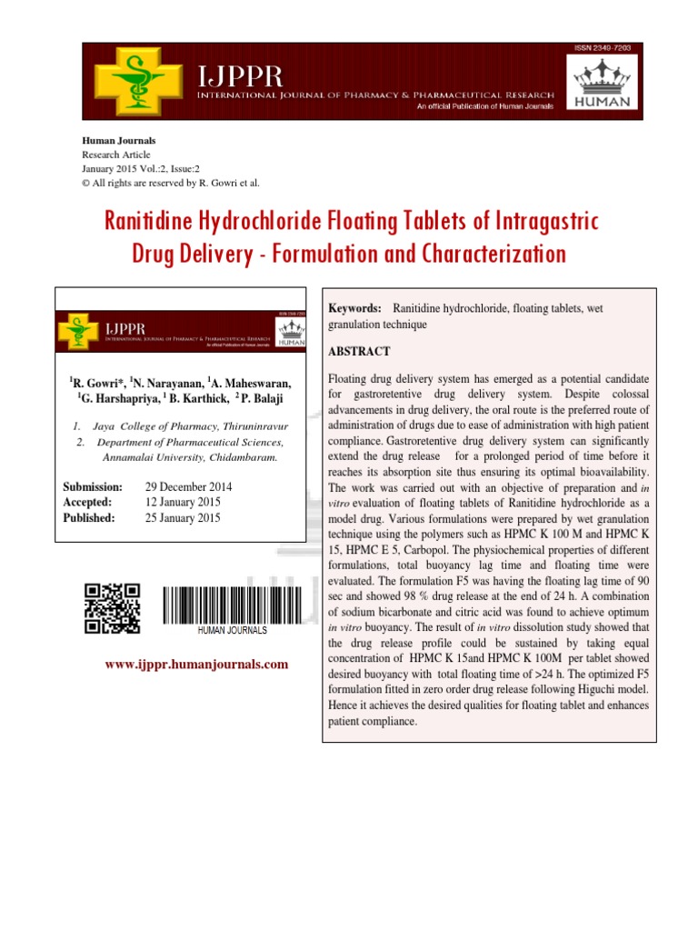 Ranitidine Hydrochloride Floating Tablets of Intragastric Drug Delivery Pharmaceutical