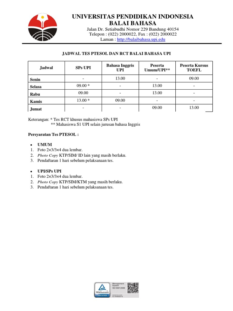 Jadwal Tes Ptesol Dan Rct Balai Bahasa Upi3