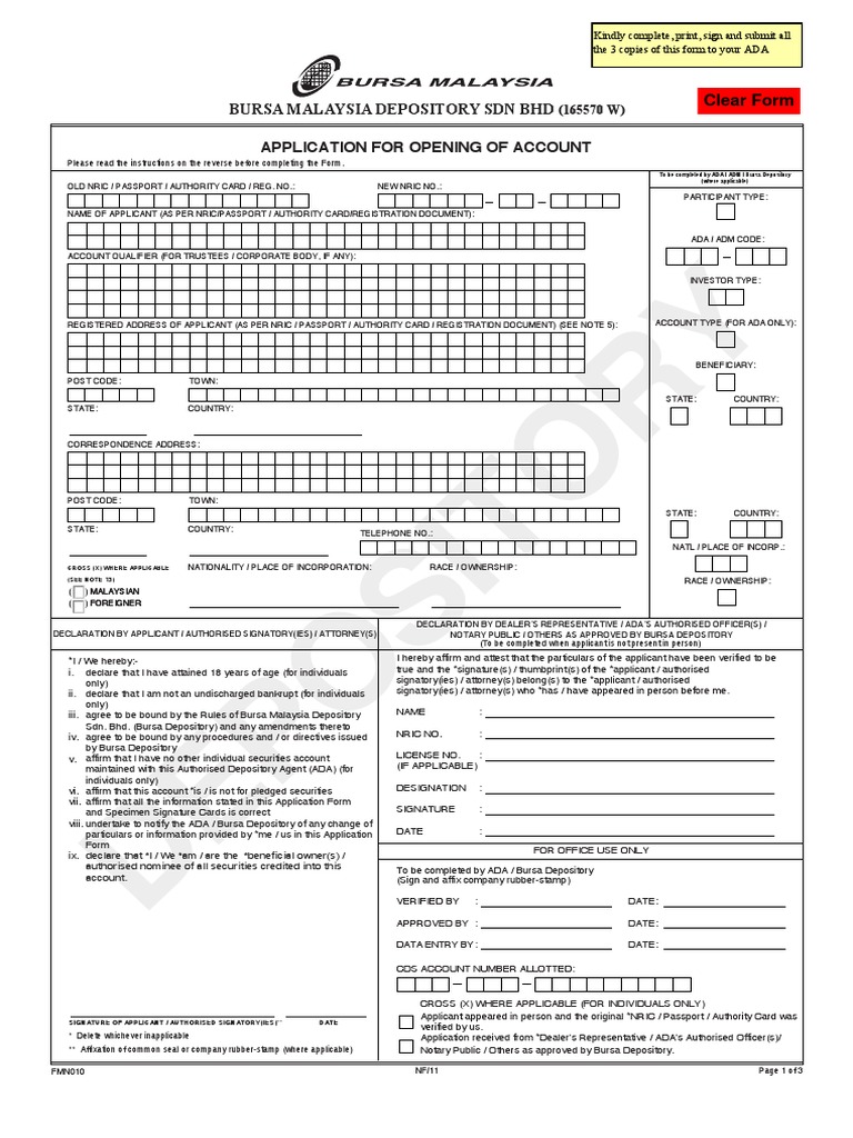Cds Fmn010 Application For Opening Of Account Signature Trust Law