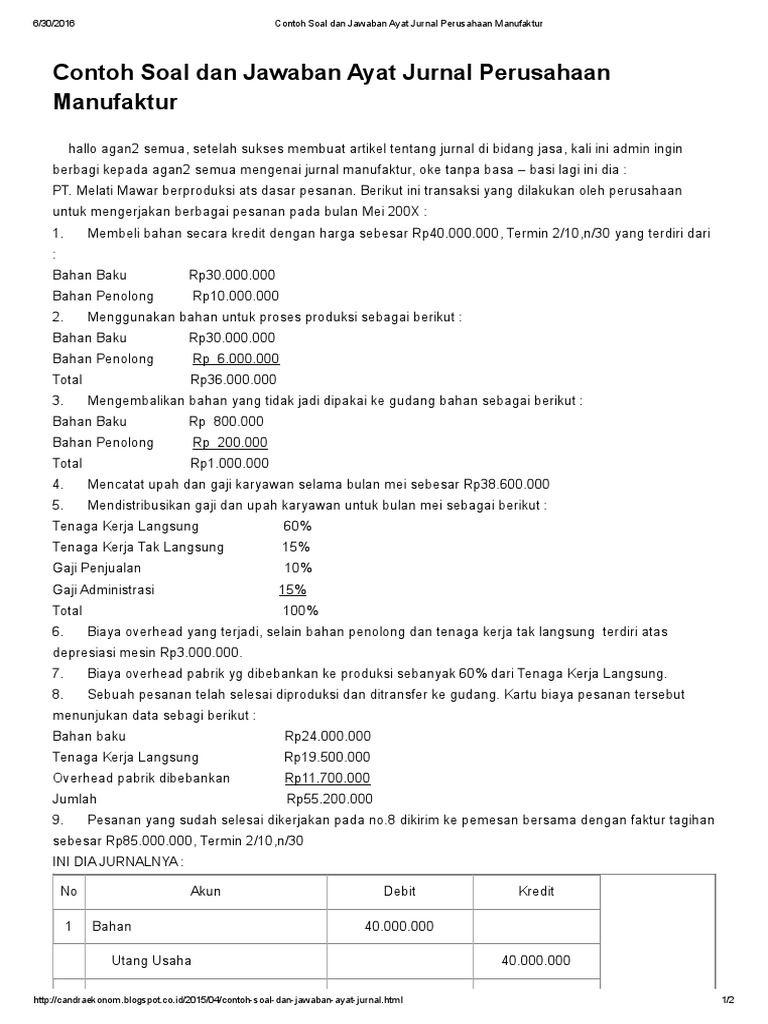 Contoh Soal Transaksi Perusahaan Industri Beserta Jawabannya - Ahli Soal