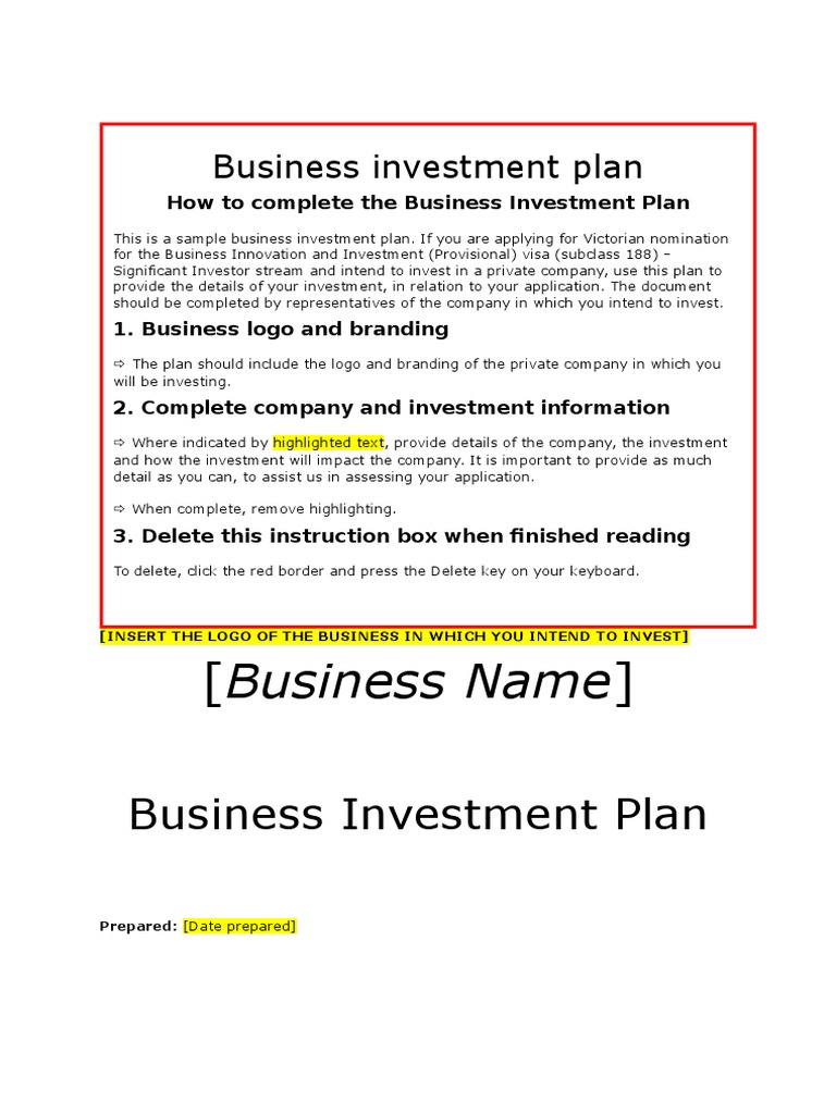 SIV Business Investment Plan Template | PDF | Investor | Investing