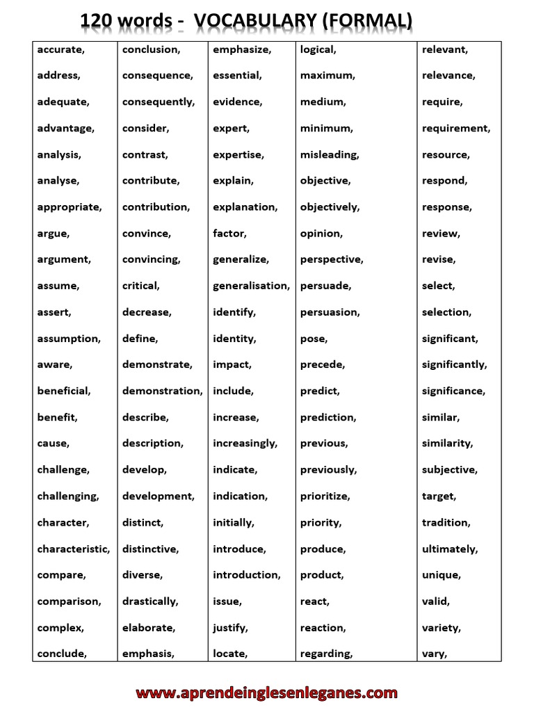 120 Formal English Words List Pdf Argument Communication